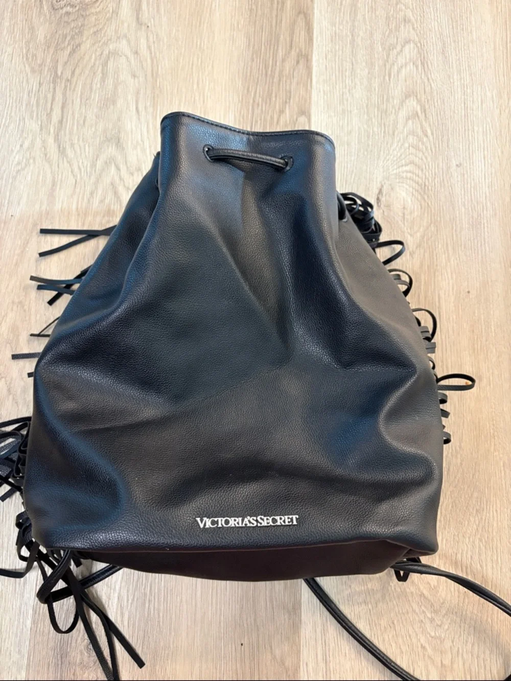 Victoria's Secret Black Fringe Drawstring Backpack lightweight logo boho - Picture 3 of 11
